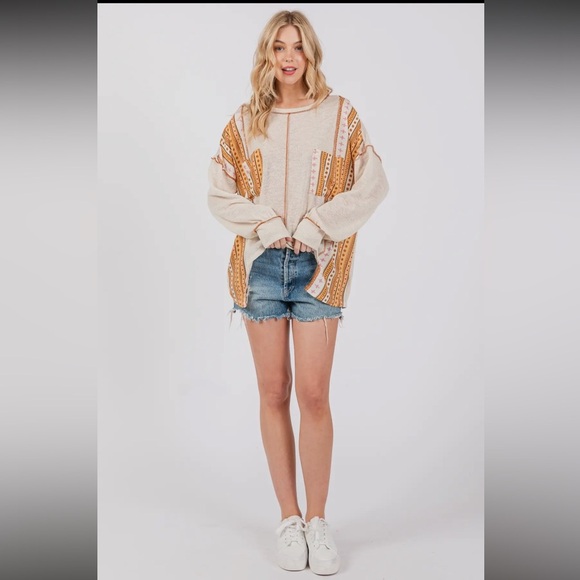 NWOT Ces Femme Boho Contrast Boho Round Neck Sweater - Picture 3 of 9